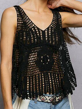 NWT POL Boho Crochet V‑Neck Top – Sleeveless Cotton Lace